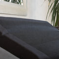 Close-up view of the premium grey upholstered frame and head section of the Customatic Dreamsense The Harmony bed.
