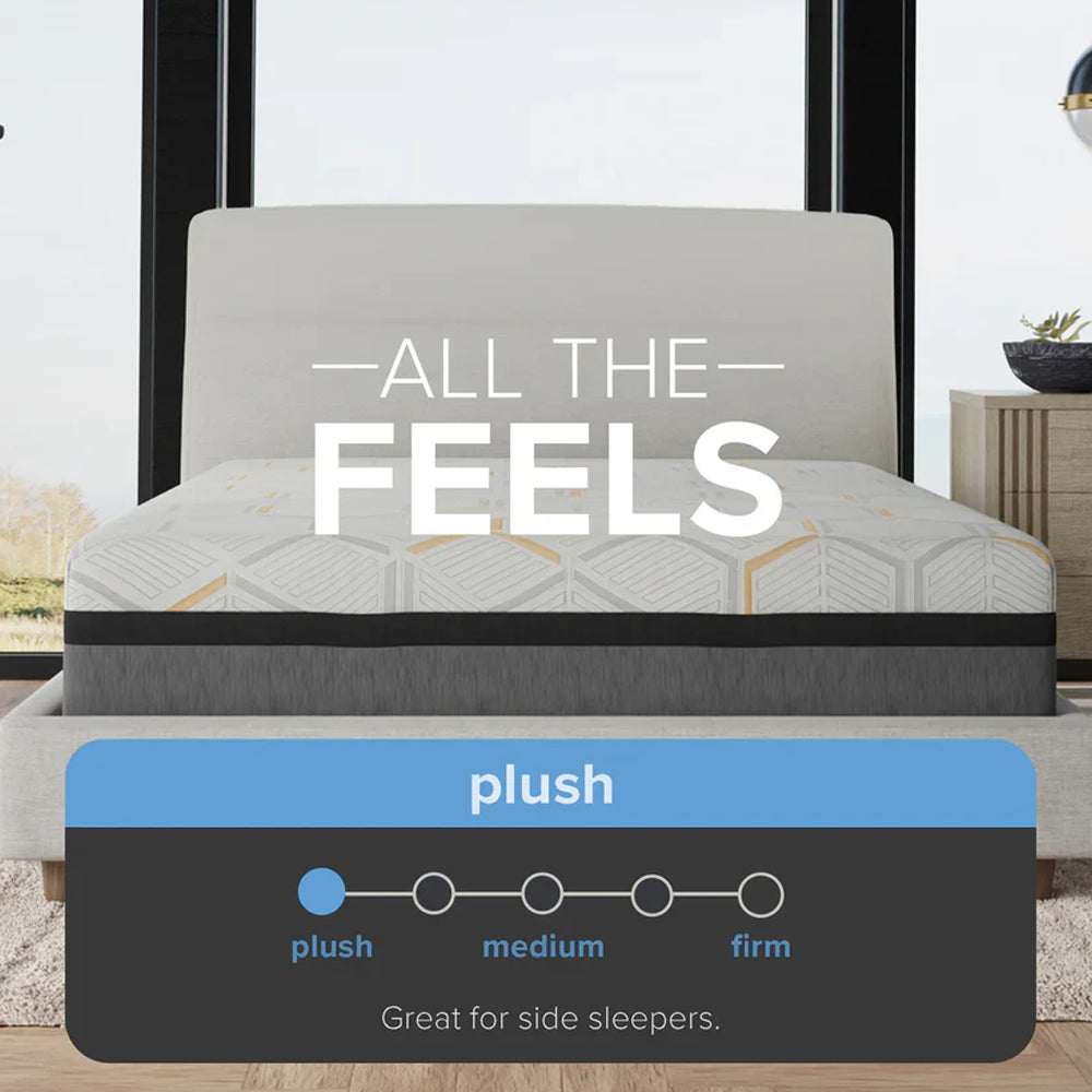 Plush firmness scale graphic for the 14-inch South Bay hybrid mattress, specifically recommended for side sleepers.
