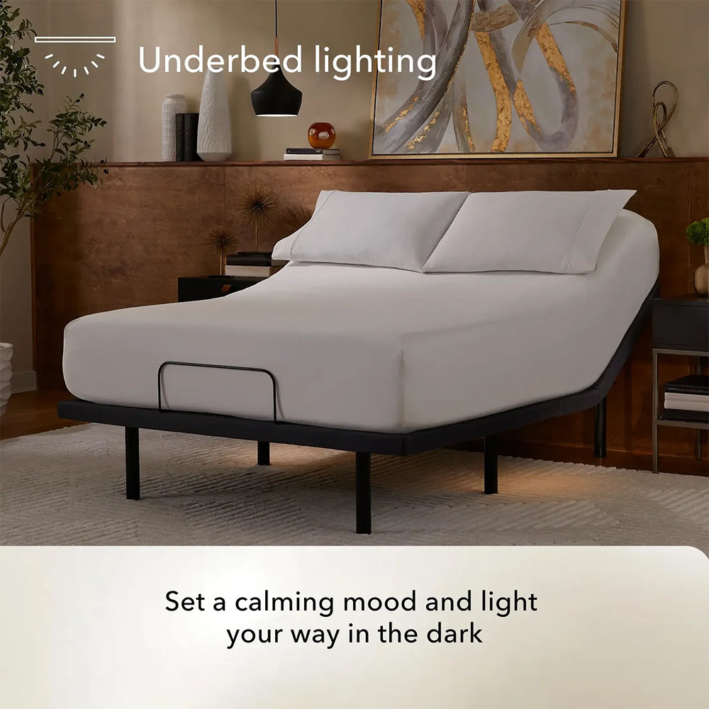 Smart underbed LED lighting on the baselogic™ Pearl Adjustable Base, providing a calming mood and safety in the dark.

