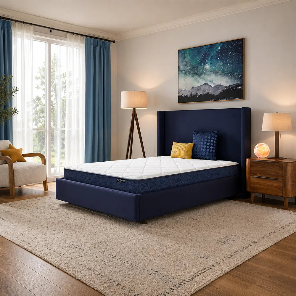 Angled view of a Serta Perfect Day 8 inch Medium Mattress in a Box for pressure-relieving sleep.
