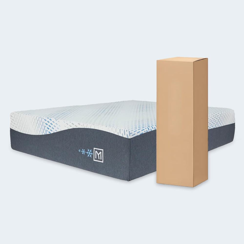 Millennium Luxury Gel Memory Foam Mattress shown next to its original cardboard shipping box, highlighting the easy bed-in-a-box delivery and setup.
