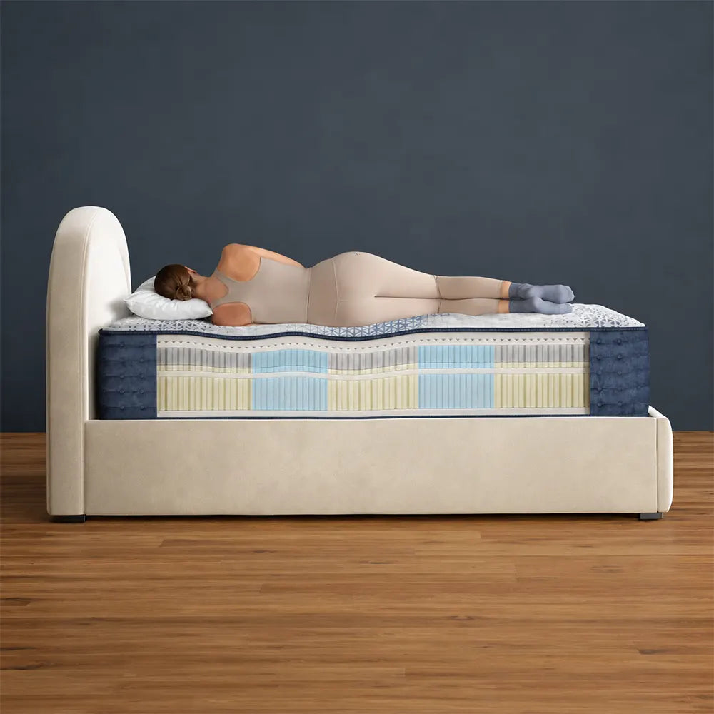Illustration showing proper spinal alignment on a Serta Kingston firm mattress with 5-zone targeted support.
