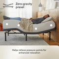 Man relaxing in the zero-gravity preset on a baselogic™ Pearl Adjustable Base to relieve pressure points and enhance total body relaxation.
