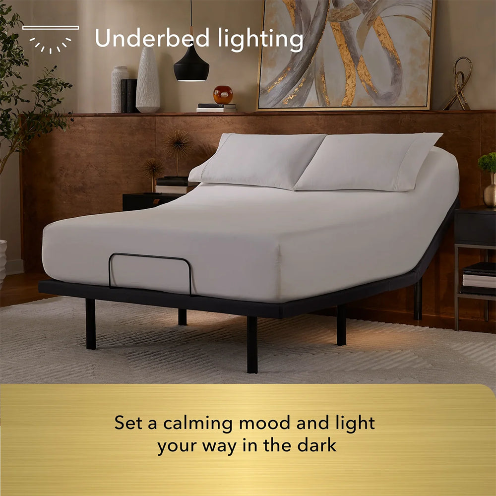 Baselogic Gold adjustable base with warm underbed lighting designed to set a calming mood and provide safety in the dark.