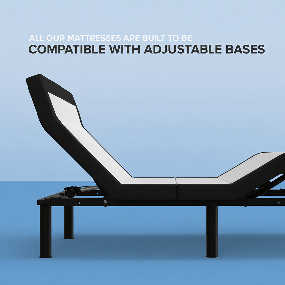 Graphic showing the flexibility of the South Bay 12-inch mattress, demonstrating full compatibility with adjustable power bed bases.
