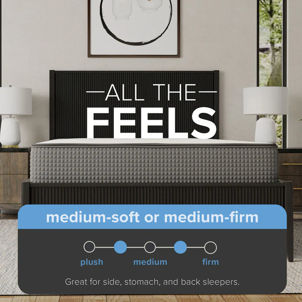 Firmness level graphic showing the iSwitch mattress provides both medium-soft and medium-firm feels by flipping the mattress.
