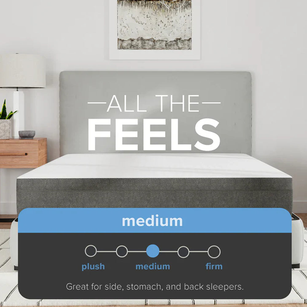 Firmness scale for the South Bay Rose mattress indicating a "Medium" feel, recommended for side, stomach, and back sleepers.
