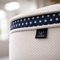 Close-up of the handcrafted WinkBeds label on a white quilted Tencel mattress cover with premium navy blue dotted trim.
