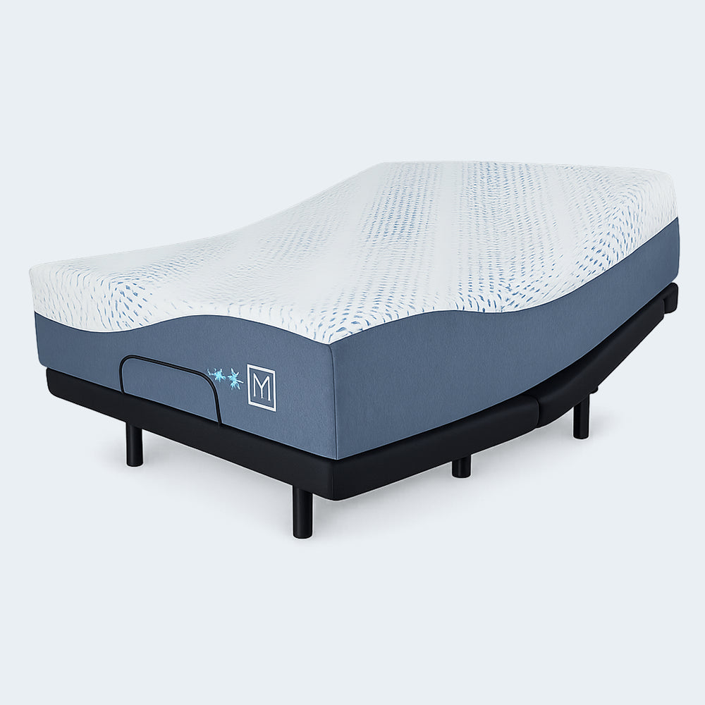 Side perspective of the Millennium Luxury Gel Memory Foam Mattress shown on an adjustable power base illustrating flexibility and pressure-relieving support.
