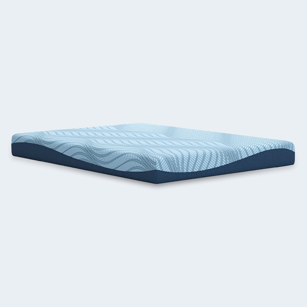 Side-angle view of the Ashley Peak 2.0 8-inch Memory Foam Mattress showing the signature light blue wave pattern and navy side panels.
