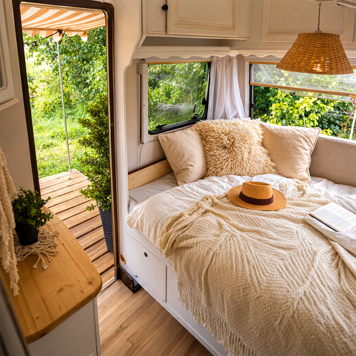 Cozy RV bedroom setting with the RV 10" Foam Mattress, decorative pillows, and warm ambient travel lighting.