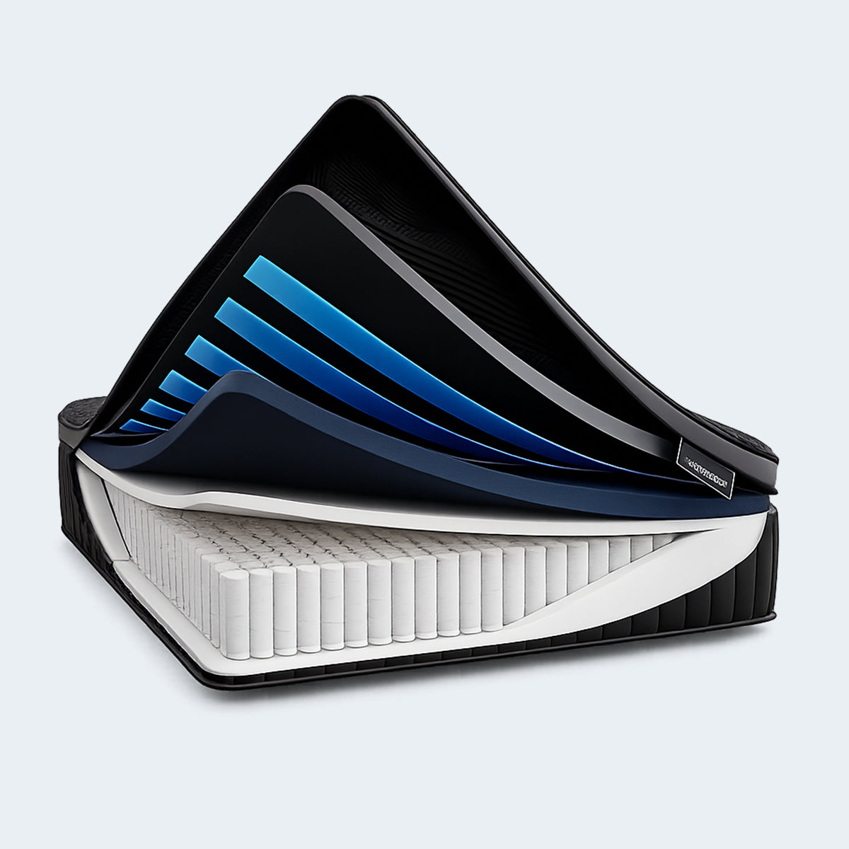 Internal materials cutaway of the Black Diamond Lux Hybrid mattress revealing layers of memory foam and pocketed support coils.
