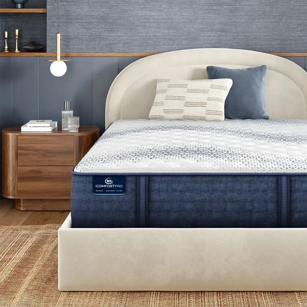 Feature diagram for Serta Canterbury plush pillow top mattress detailing zoned support and cooling foam.
