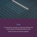Mattress infographic describing the firm comfort level, ideal for back and stomach sleepers.
