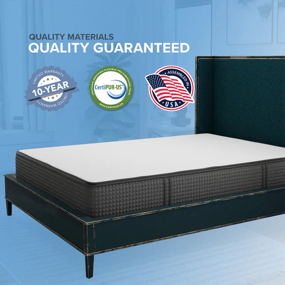 Quality guarantee seals for the South Bay iSwitch mattress including a 10-year warranty, CertiPUR-US certification, and Assembled in USA label.
