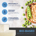 Bio-based soy memory foam infographic for the EcoCore Origin mattress highlighting breathability, renewable resources, and antimicrobial properties.
