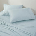 Light blue moisture-wicking pillowcases and breathable bed sheets from the Ver-Tex collection.
