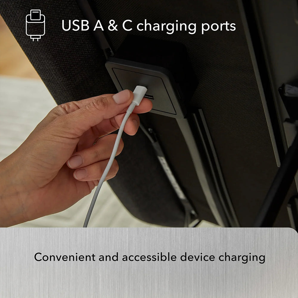 Close-up of built-in USB A and USB C charging ports on the Baselogic Platinum Adjustable Base for convenient device power.
