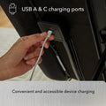 Close-up of built-in USB A and USB C charging ports on the Baselogic Platinum Adjustable Base for convenient device power.
