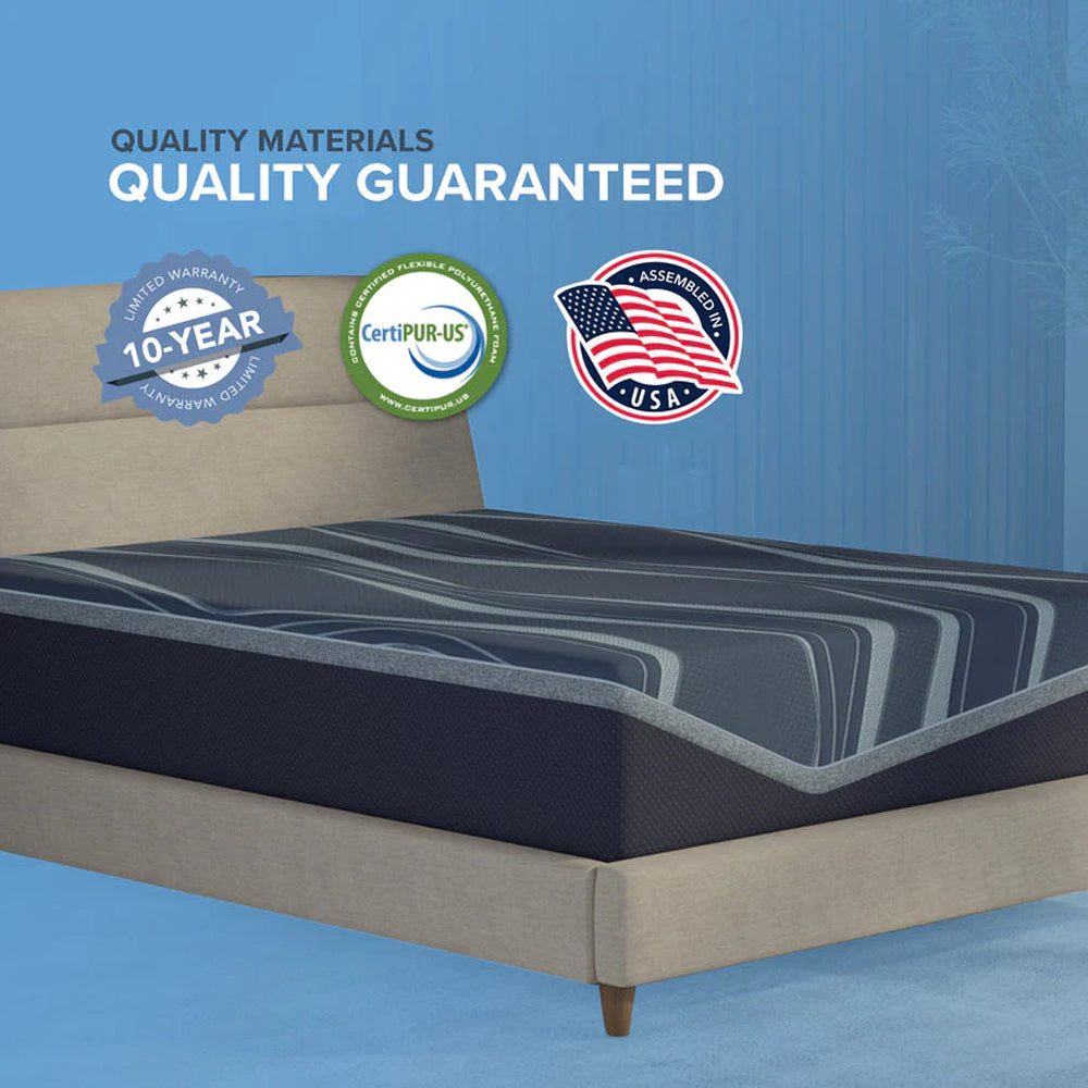 South Bay mattress quality certifications featuring a 10-year limited warranty, CertiPUR-US certified foam, and an "Assembled in USA" guarantee.
