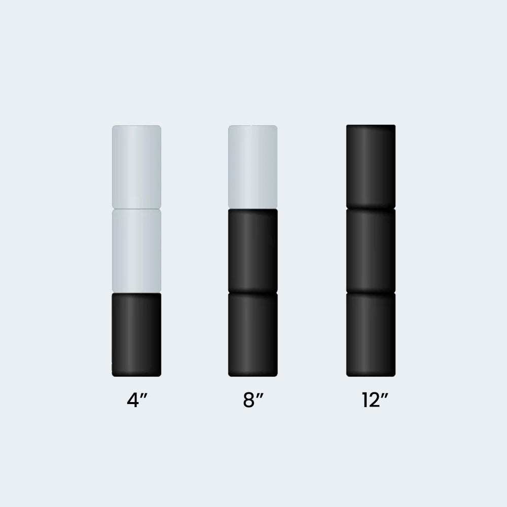 Height-adjustable leg options for the Baselogic bed base showing three configurations: 4-inch, 8-inch, and 12-inch heights.
