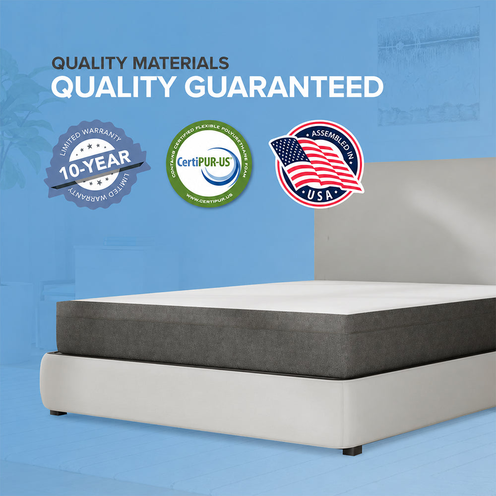 South Bay Rose mattress quality guarantees including 10-year limited warranty, CertiPUR-US certified foam, and assembled in the USA seal.
