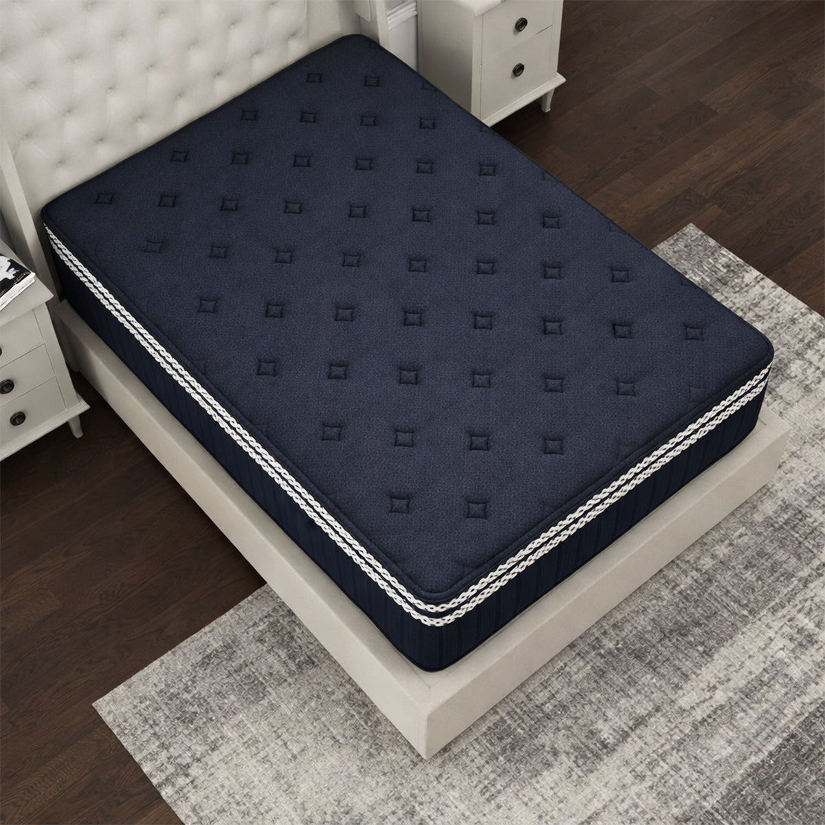 Top view of the 17'' mattress in bedroom setting, highlighting the deep navy quilted surface and luxury firm comfort.