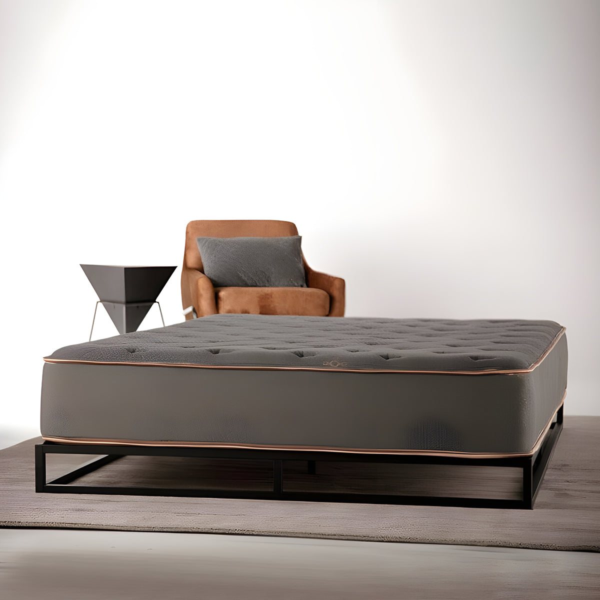Modern bedroom featuring the Tommie Copper Core Znergy 14-inch firm hybrid mattress on a grey tufted platform bed frame with contemporary decor.
