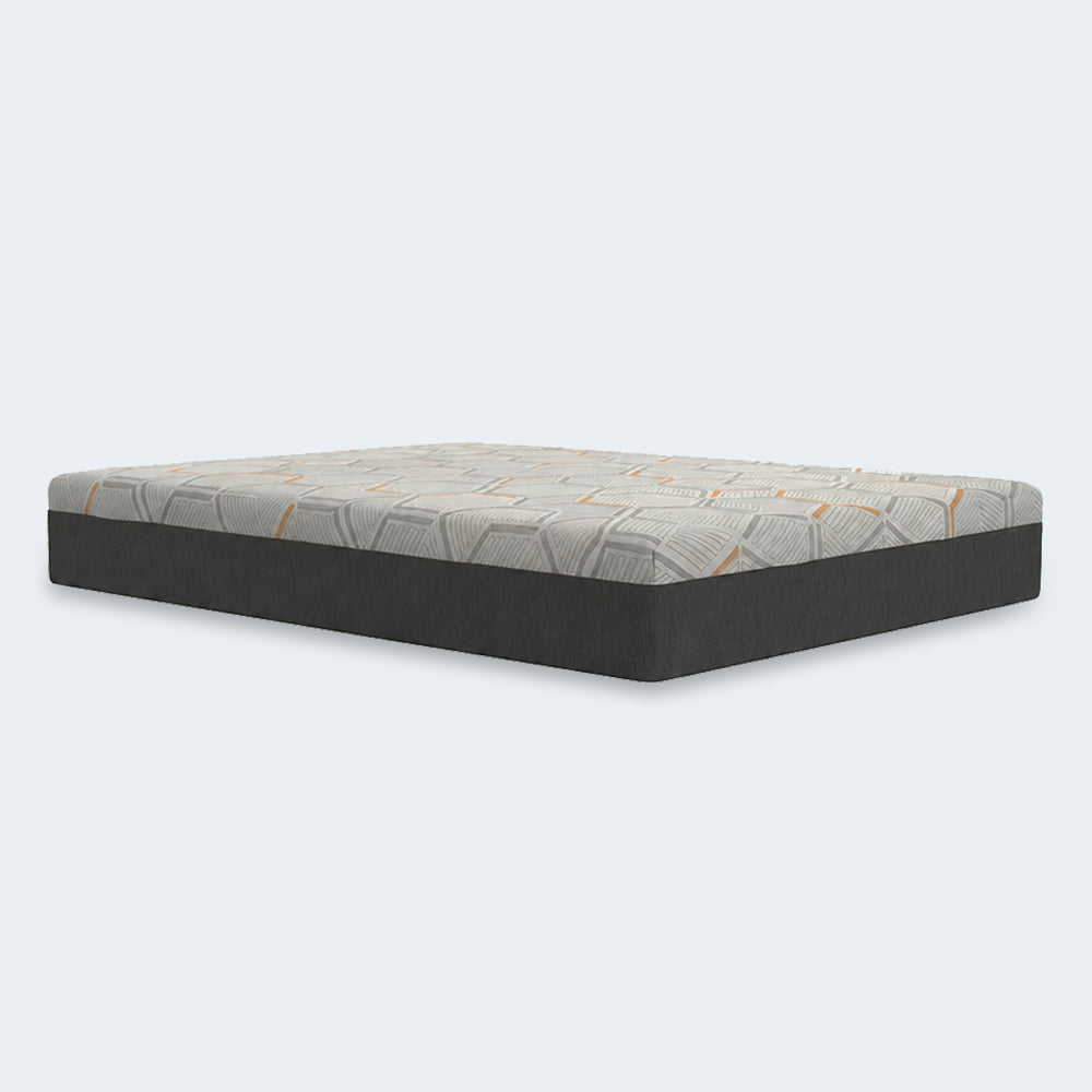 High-angle studio shot of the South Bay plush hybrid mattress showcasing the copper-patterned sleep surface and full encasement.
