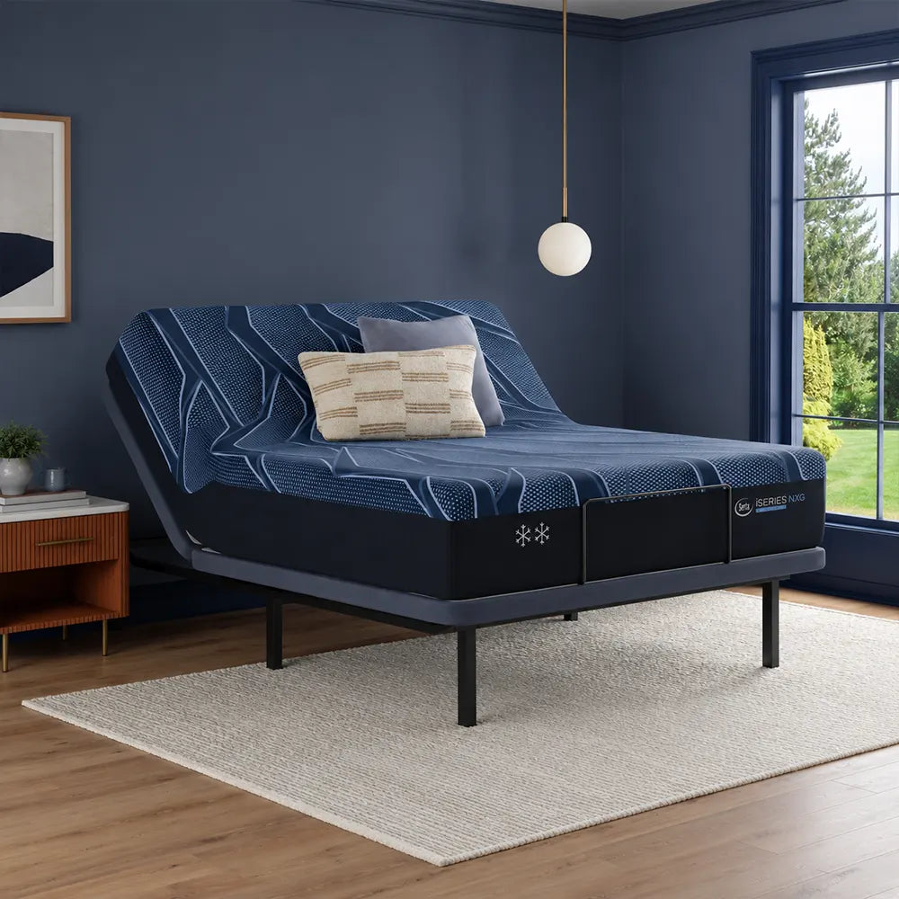 Serta iSeries NXG 2500 plush mattress on an adjustable base, showing flexibility for customized sleep positions.
