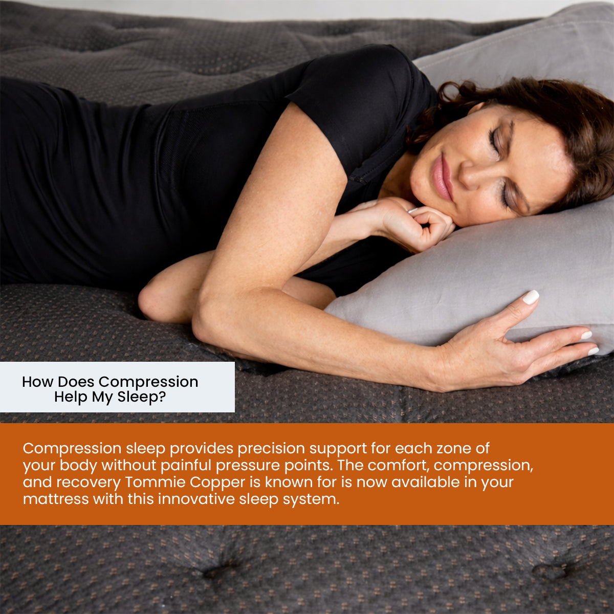 Woman sleeping on a Tommie Copper mattress with an informational graphic explaining how compression sleep aids recovery and provides precision support.
