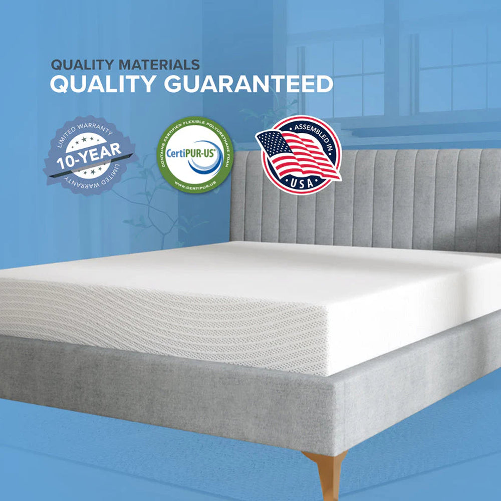 ality guarantee graphic for South Bay mattresses featuring a 10-year warranty, CertiPUR-US foam, and assembled in the USA label.