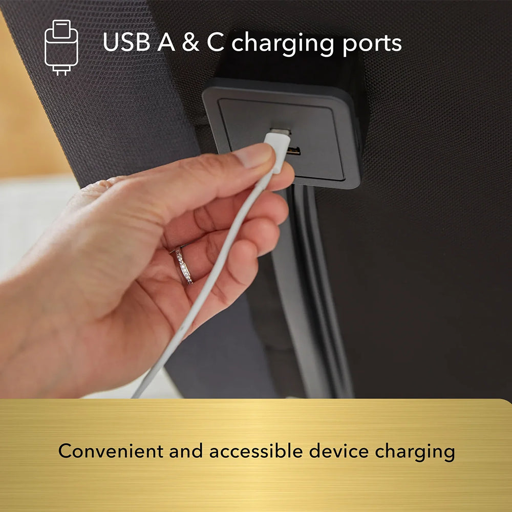 Close-up of the integrated USB A and C charging ports on the Baselogic Gold base for convenient bedside device charging.

