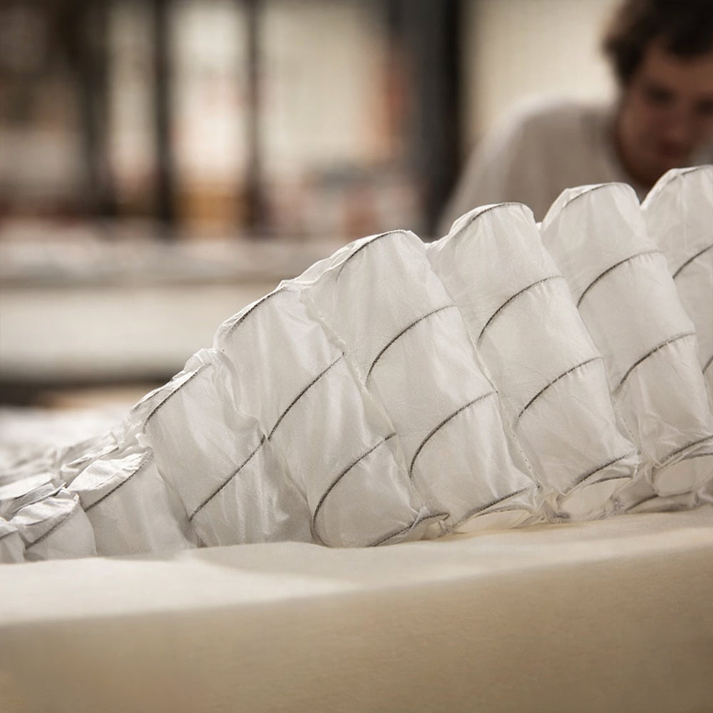 Close-up of individually wrapped pocketed coils within the WinkBeds Luxury Firm Hybrid mattress providing targeted lumbar support and motion isolation.
