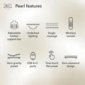 Infographic summarizing baselogic™ Pearl features: adjustable lumbar, massage, USB-A/C ports, underbed lighting, and zero-clearance design.
