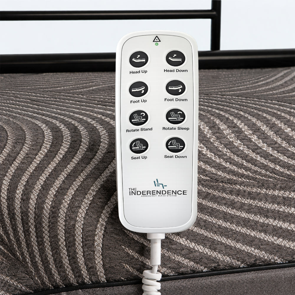 Wired hand control remote for the Customatic Independence motorized rotating bed featuring easy-to-read icon buttons.
