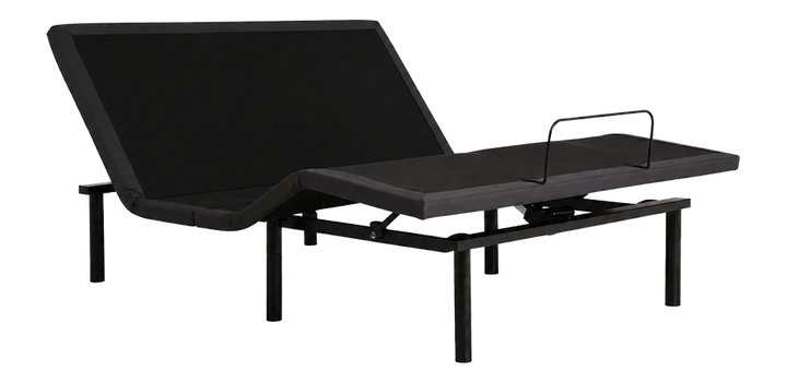baselogic™ Silver Adjustable Base in a zero-gravity position with head and foot elevation and a charcoal upholstered low-profile frame.
