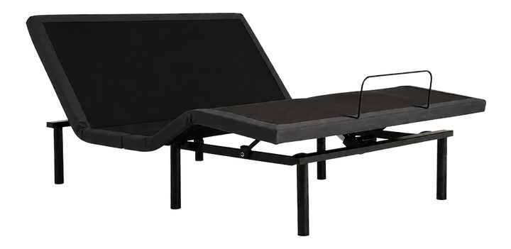 baselogic™ Gold Adjustable Base with head and foot elevation for zero gravity comfort, featuring a charcoal upholstered low-profile frame and mattress retainer bar.
