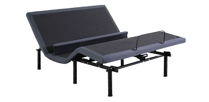 baselogic™ Pearl Adjustable Base with integrated lumbar support, featuring head and foot elevation for zero-gravity positioning and a premium slate grey upholstered frame.

