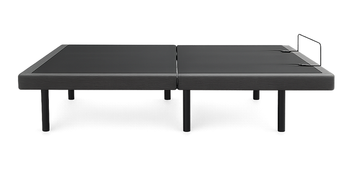 : SleepTone S1000 Wireless Adjustable Bed Base with Zero Gravity and Anti-snore presets shown in a flat position with grey upholstery.
