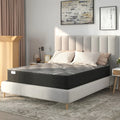 A bed with a black quilted mattress on a light gray upholstered frame, styled in a modern bedroom with a tufted headboard, neutral bedding, and minimalist decor.