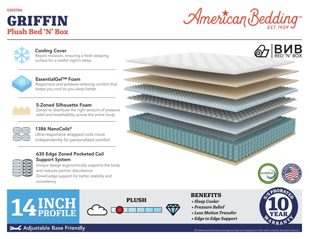 American Bedding Griffin  14" Hybrid Plush Mattress By Corsicana