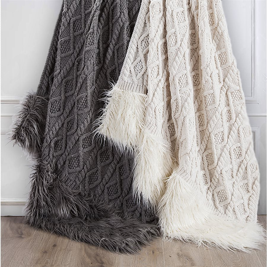 Nordic Cable Knit & Mongolian Fur Throw Blanket HiEnd Accents