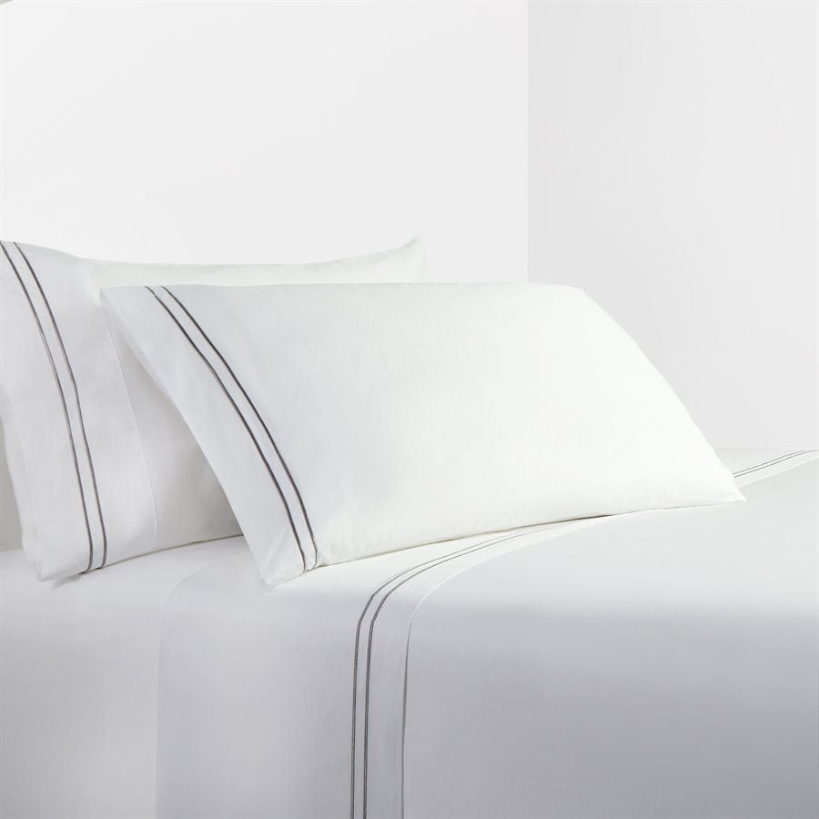 350 Tc White Sheet Set With Gray Stripe Embroidery HiEnd Accents