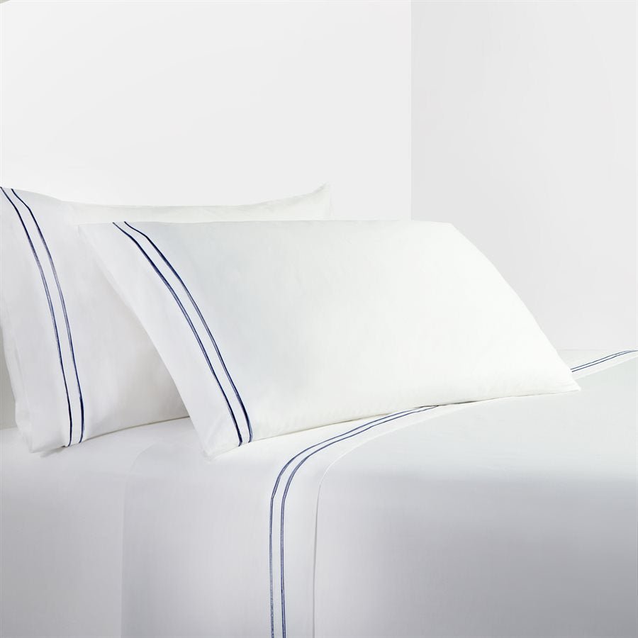 350 Tc White Sheet Set With Navy Stripe Embroidery HiEnd Accents