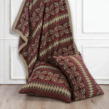 Fair Isle Red & Brown Knit Throw Blanket, 50x60